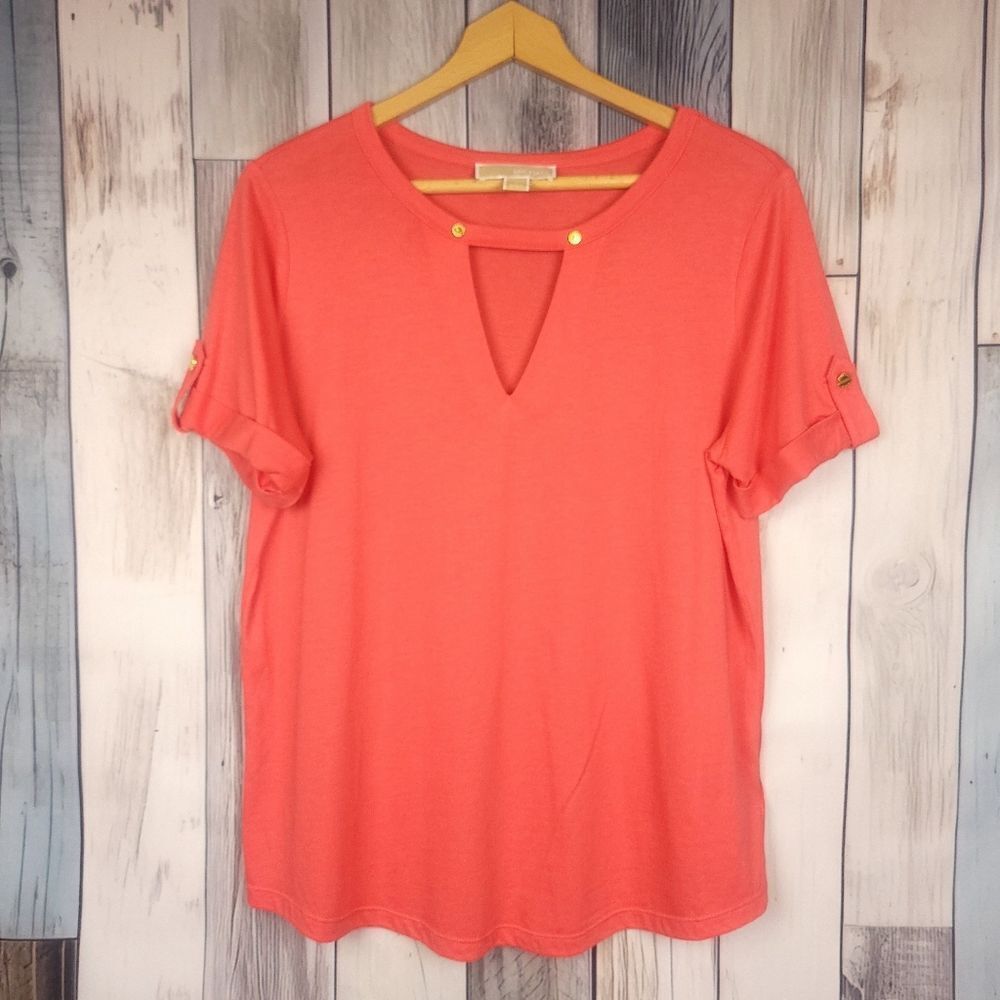 Michael Kors Salmon Red Short Sleeve Top Key Hole Neck Line Size Large